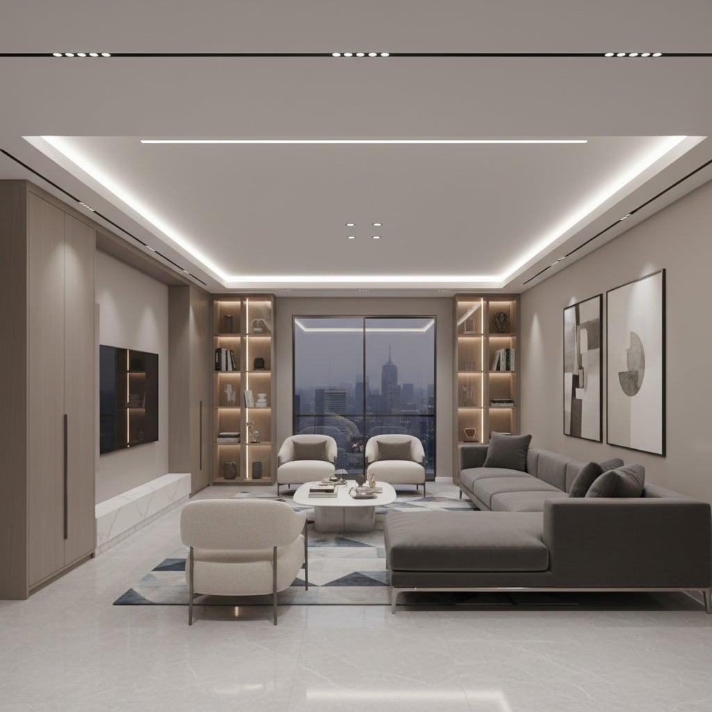 Un elegante soggiorno moderno con un grande divano grigio, poltrone chiare, un tavolino da caffè e librerie illuminate a parete, con una vista serale sulla città dalla grande finestra.