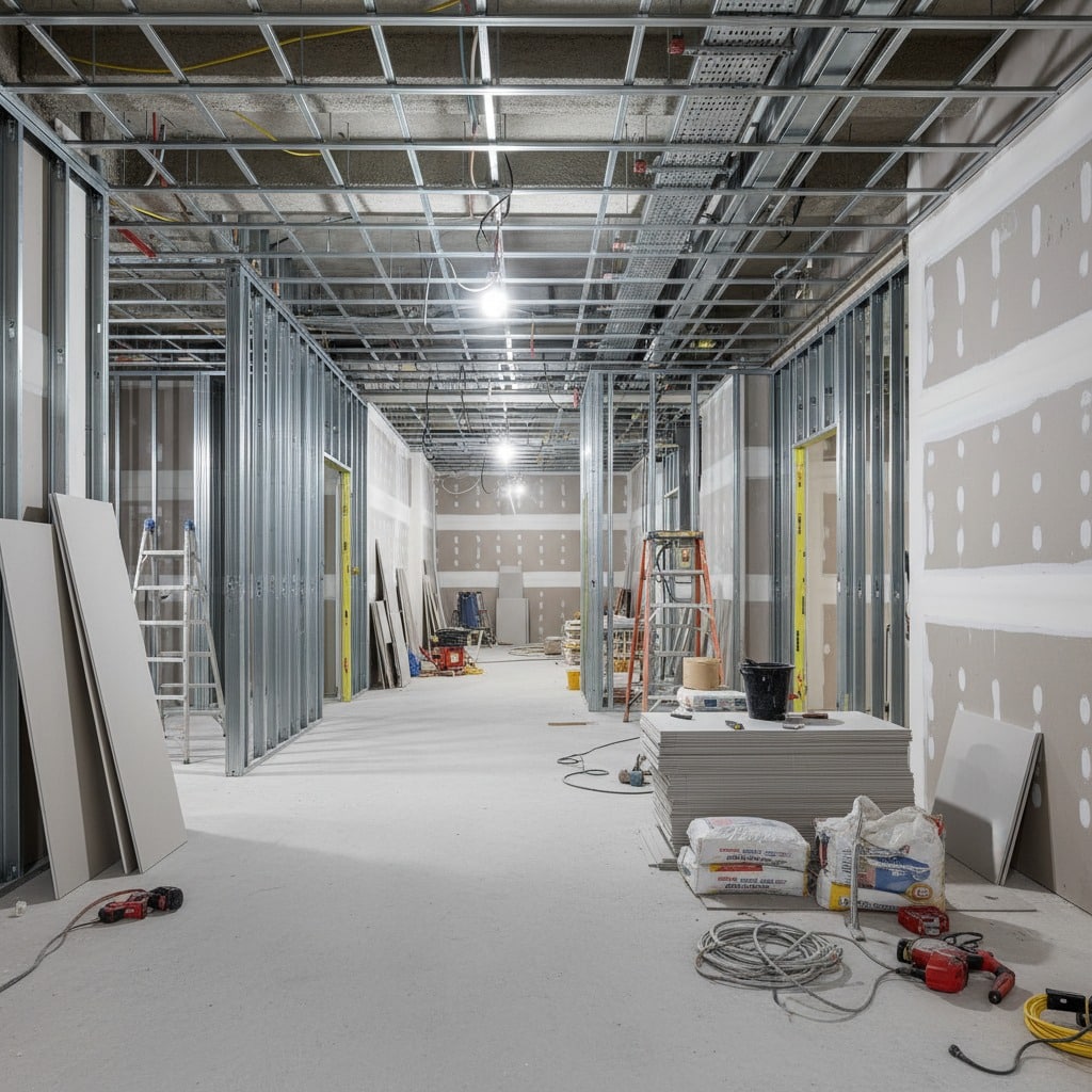 Un corridoio in un edificio commerciale in fase di ristrutturazione con pareti in cartongesso e ponteggi metallici per il controsoffitto.