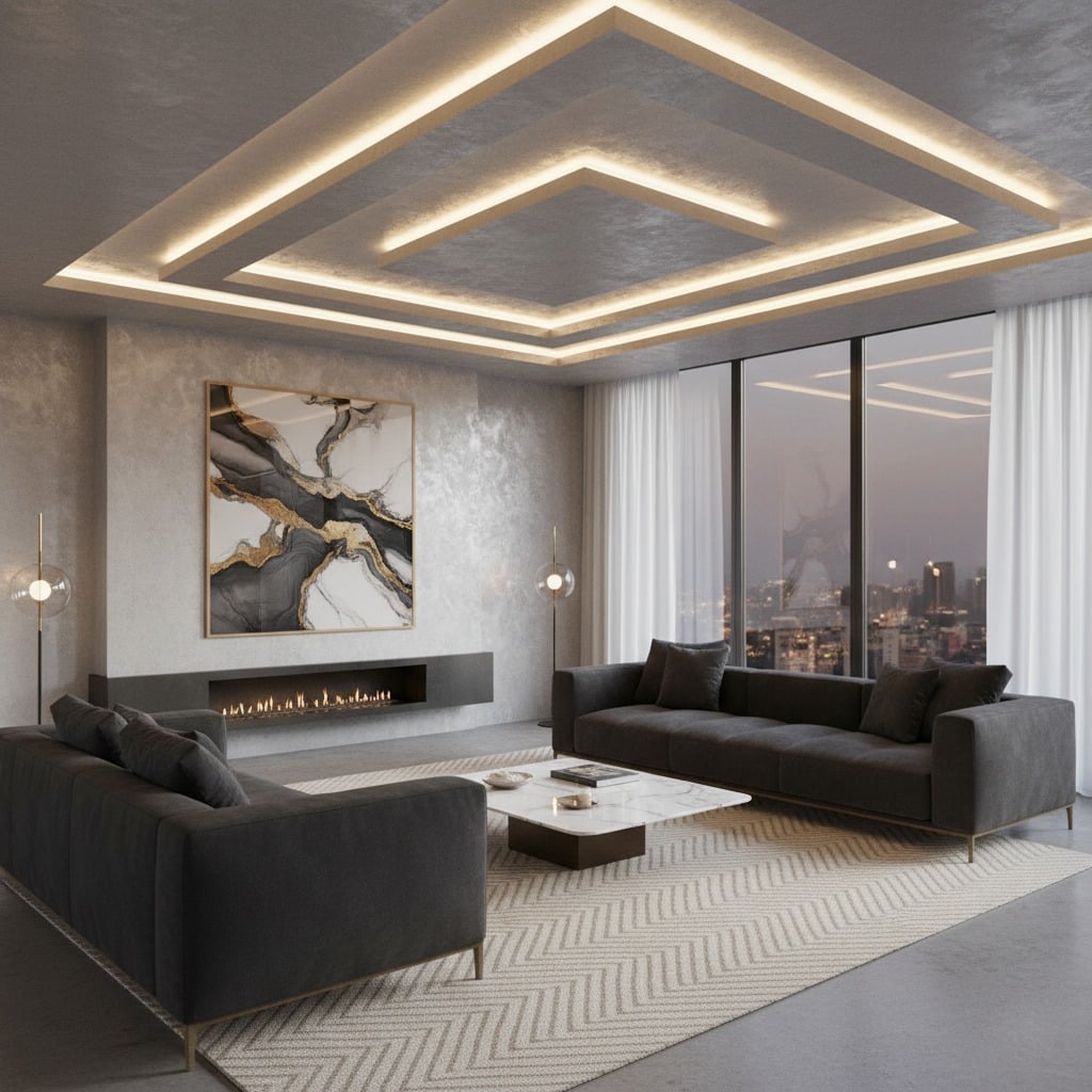 Soggiorno moderno e spazioso con divani grigi, un camino incassato sotto un grande quadro astratto e un soffitto geometrico illuminato a LED.